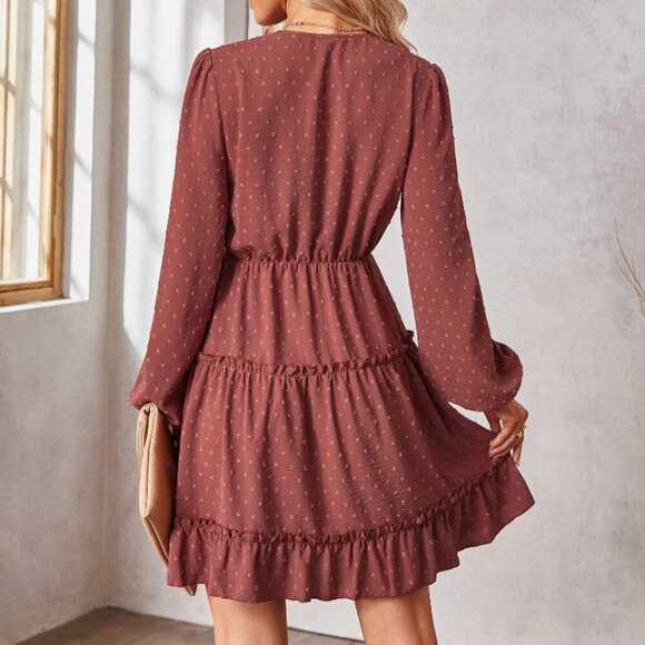 Boho Dress Mauve Long Sleeve Tiered Ruffle Mini Fall V Neck - Picture 2 of 3